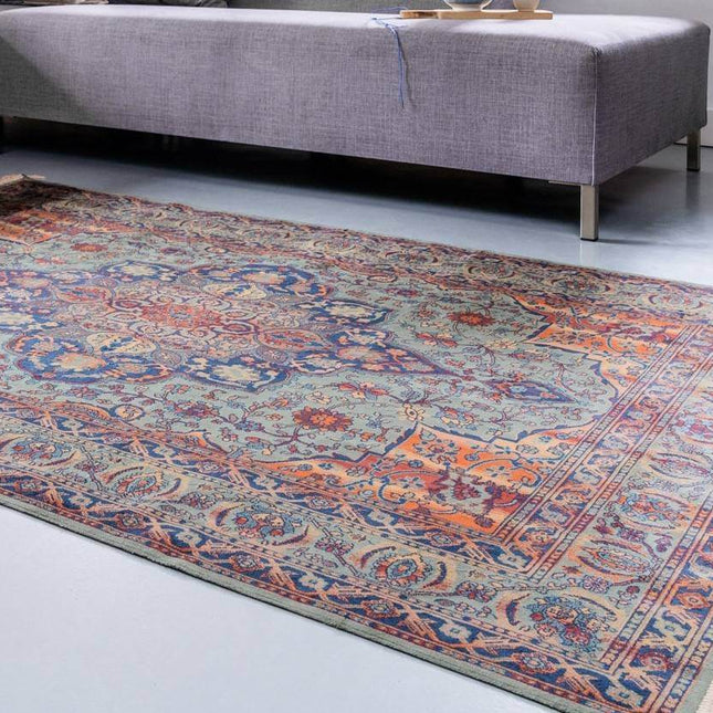 Vintage vloerkleed Manami groen met franjes - Vloerkledenloods