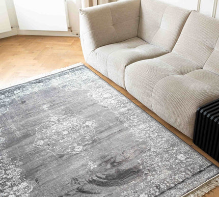 Vintage vloerkleed Ornament antraciet met franjes - Vloerkledenloods