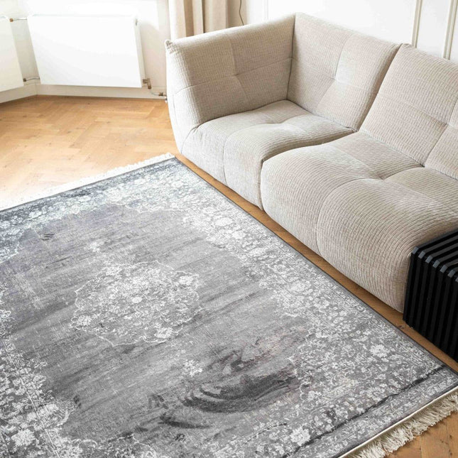 Vintage vloerkleed Ornament antraciet met franjes - Vloerkledenloods