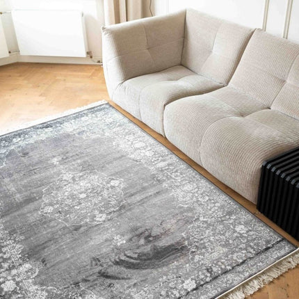 Vintage vloerkleed Ornament antraciet met franjes - Vloerkledenloods