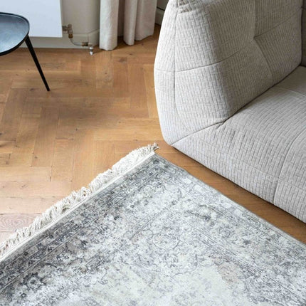 Vintage vloerkleed Ornament grijs/beige met franjes - Vloerkledenloods