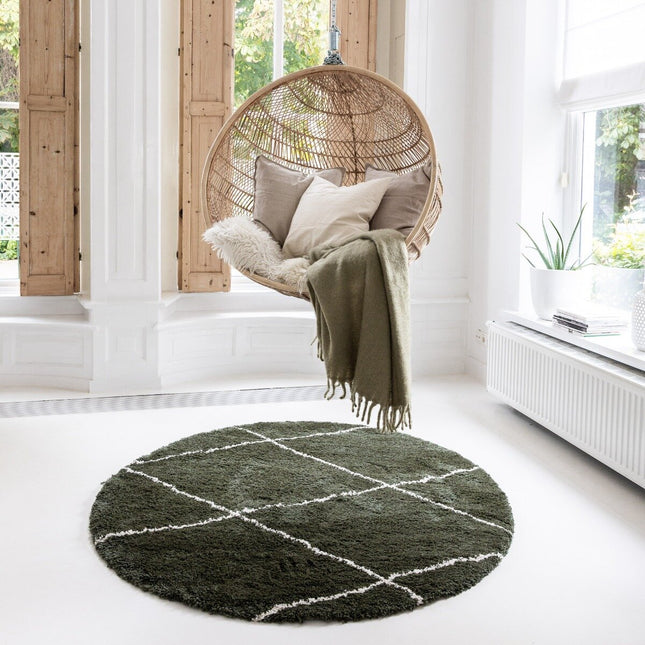 Berber Rond vloerkleed hoogpolig Groen/Cream - scandinavisch - nea