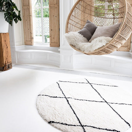Berber Rond vloerkleed hoogpolig Wit/Zwart - scandinavisch - nea
