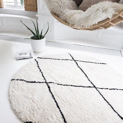 Berber Rond vloerkleed hoogpolig Wit/Zwart - scandinavisch - nea